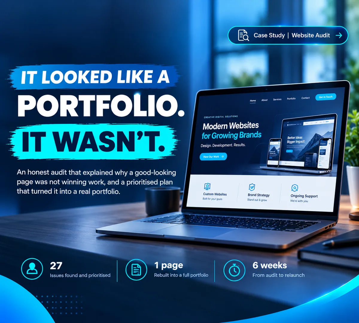 Website audit of a portfolio landing page on a laptop